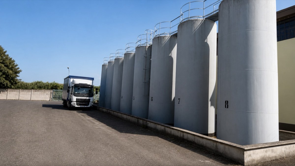Camion Blue Oil accanto alle cisterne dello stabilimento di Tortona