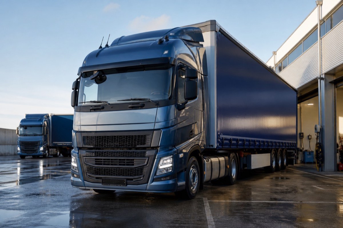 Veicoli pesanti in un deposito logistico